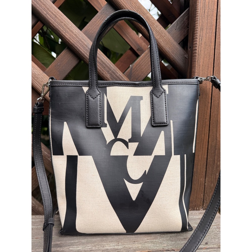 MCM Glitch Logo Mini Shopper Tasche Tote Bag Canvas Crossbody Black Beige